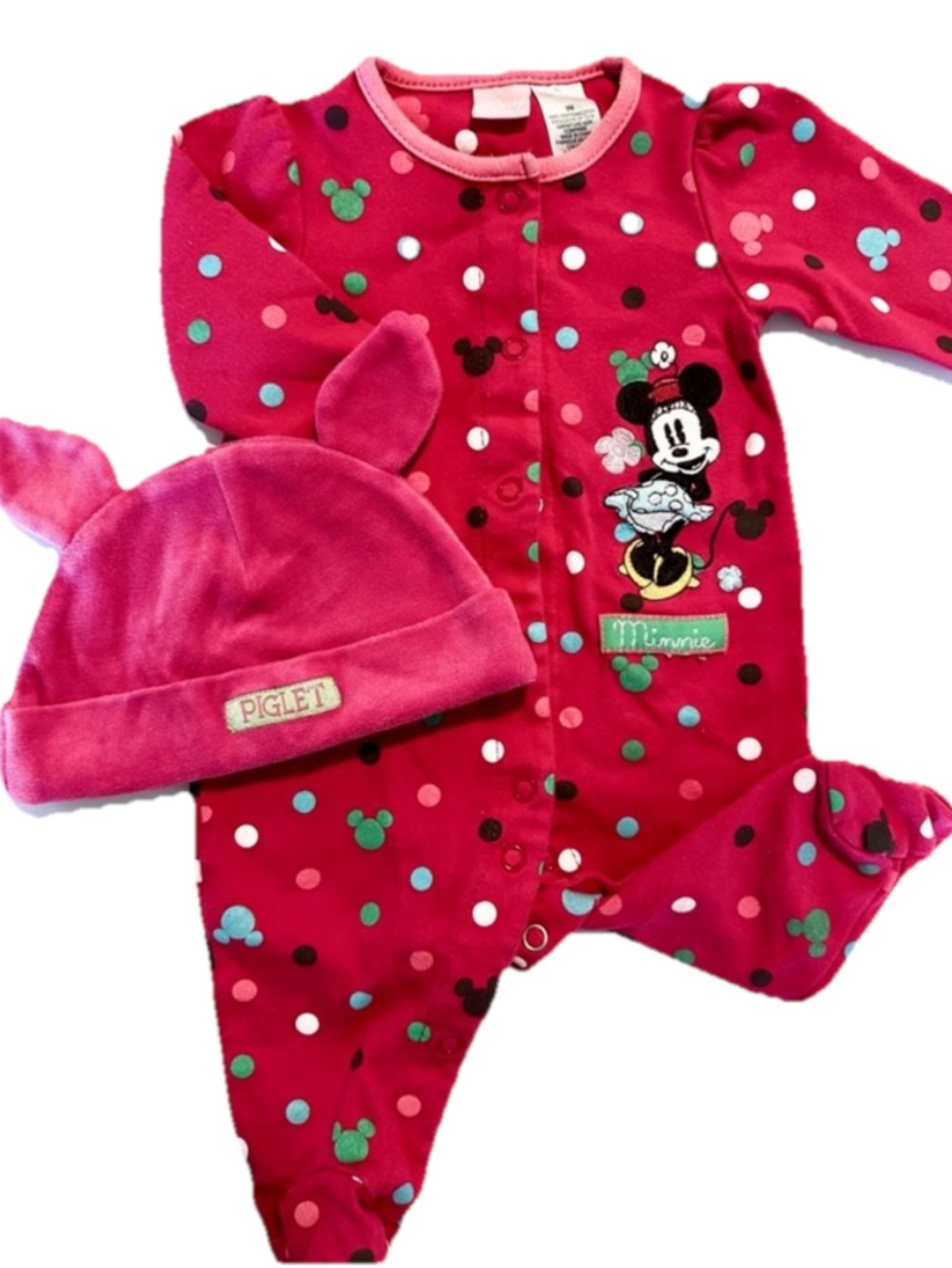 Disney Minnie Mouse Hot Pink Polka Dot Footie with Matching Hat